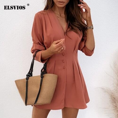 2020 Autumn Fashion New Sexy V Neck Button Dress Casual Solid Long Sleeve Dress Elegant Slim Office Party Lady Dresses Vestidos