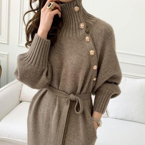 Winter Long Sleeve Dresses for Women Turtleneck Single Breasted Dress 2021 Knitting Sweater Dress with Sashes YOU823