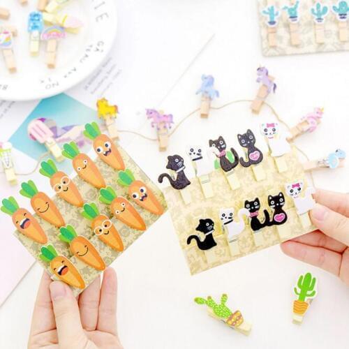 10pcs/set Kawaii Cartoon Korean Carrot Unicorn DIY Wooden Paper Clip Wall Photo Cards Decorative Clips School Office Stationery