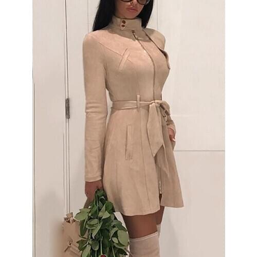 2020 New Women Jacket Zip Belt Mini Dress High Neck Long Sleeve Outwear Casual Solid Color Tops Simplicity Versatile