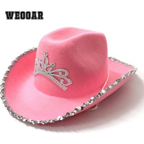 2021 Pink Tiara Western Style cowboy hat Cowgirl Hats For Women Girl Rolled Fedora Caps Beach Cowboy Hat Sequin Party Cap MZ233