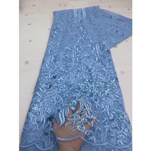 2021 African Sequin Lace Fabric High Quality French Tulle Mesh Embroidery Sky Blue Net Lace Fabric For Nigerian Party Dress