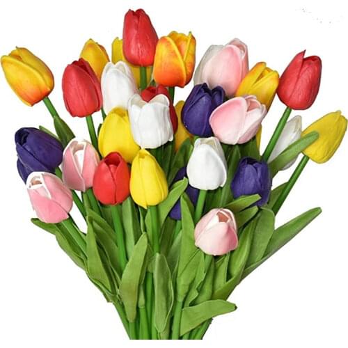 200pcs 10 Colors PU Artificial Flower Tulip Bouquet 34cm/13.4inch Mini Real Touch Fake Flowers W0123