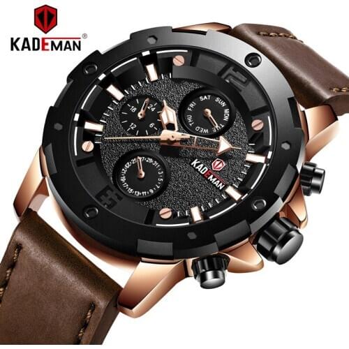 KADEMAN New Mens Watches Top Brand Luxury Big Dial Military Quartz Watch Leather Waterproof Sport Wristwatch Relogio Masculino