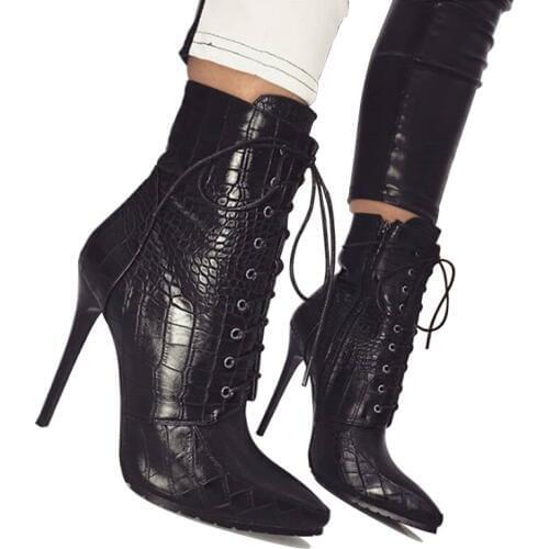 Snakeskin Pointed Toe Boots Cross Tied Lace Up Sexy Shoes Women Autumn Winter Genuine Leather High Heels Martin Boots Plus Size