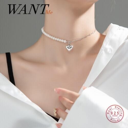 WANTME Real 925 Sterling Silver Cuban Link Chain Pearl Love Heart Charms Clavicle Necklace for Women Wedding Party Jewelry Gift