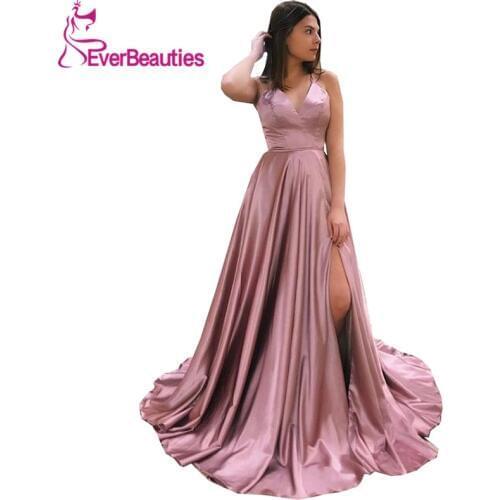 Robe De Soiree Evening Dress Long 2020 Satin V-Neck Backless Elegant Formal Dress Side Slit Vestido De Festa