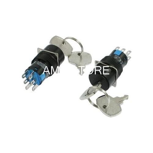 Panel Mount DPDT 3 Position Round Key Lock Push Button Switch AC 250V 5A 16mm Mounting Hole