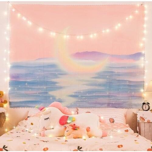 Dreamlike Moon Girls Tapestry Starry Sky Wall Hanging Pink Tapestry Moon Tapestry Witchcraft Boho Decor Wall Cloth Tapestries