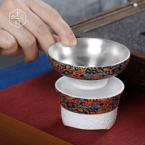 Chinese style Jingdezhen ceramic tea filtration pure silver filter funnel leakage Kungfu teaware hold accessories infuser