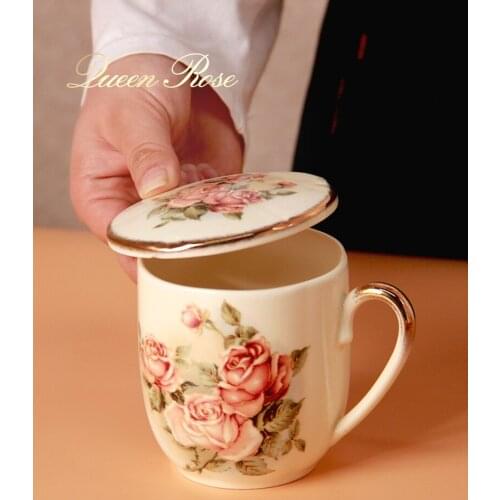 Ceramic mug cup with lid gilt edged tableware bowl Rose printing