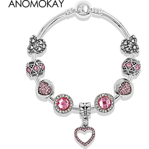 Classic Pink Heart Crystal Charm Bangles & Bracelets Silver Color Bead Bangle Romantic Jewelry for Women Gift