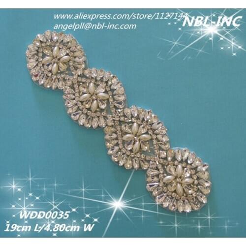 Crystal beaded bridal rhinestone pearl applique patch iron on for wedding dress garments sash WDD0035