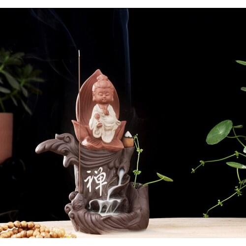 Zen Buddha Backflow Incense Burner Incense Cone Sticks Holder Home Decor Purple Sand Ceramic Little Monk Aroma Stove Fish Vase