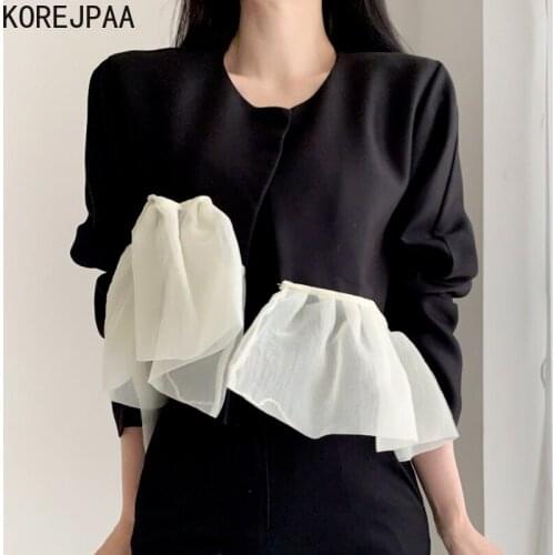 Korejpaa French Retro Woman Jacket Korea Autumn Fashion O-neck Single Breasted Solid Irregular Patchwork Puff Sleeve Short Coat