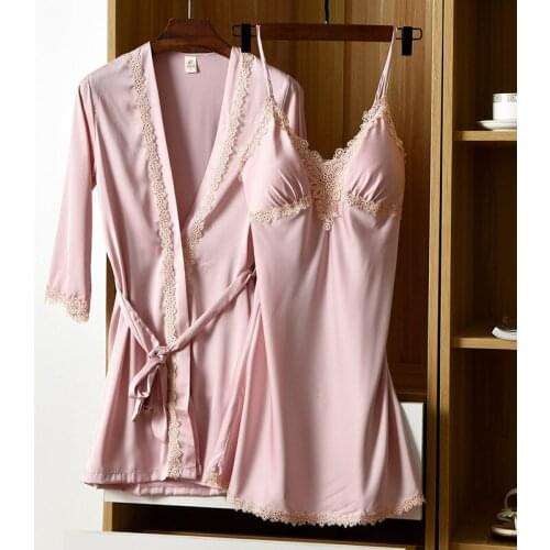Lady Pink Lace Floral Trim Rayon Robe Set Sexy V-Neck Loose Lounge Home Dress Bride Dressing Gown Kimono Bath Lingerie Nightgown