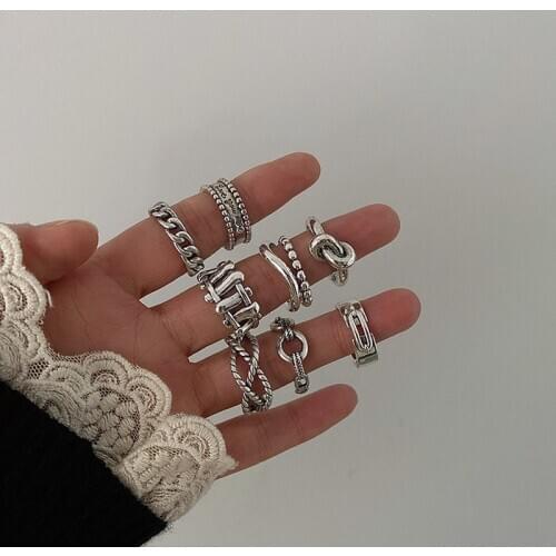 Minar Multiple Metal Alloy Chunky Rings for Women Silver Color Twist Rope Irregular Linked Charm Rings Retro Minimalist Jewelry