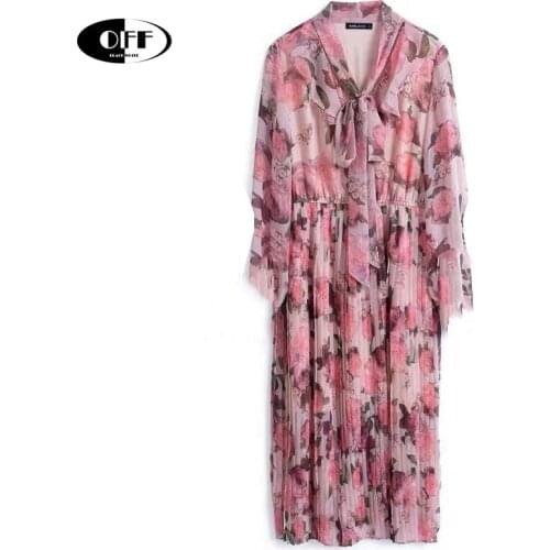 Fashion Traf Beach Chic Midi Dress With Floral Pattern Summer Flared Sleeves Basic Bow Elastic Waist Bohemia Pleated Dresses ZA