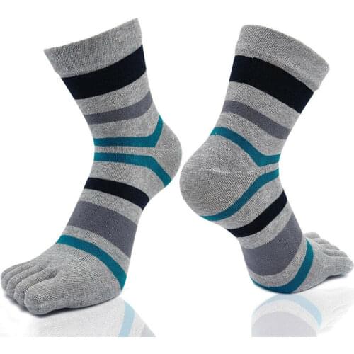 Mens 5 Five-Finger Toe Socks Cotton Mid Calf Socks Thick Comfortable Striped Casual Sports Socks Fashion Hosiery 5 Colors 39-45