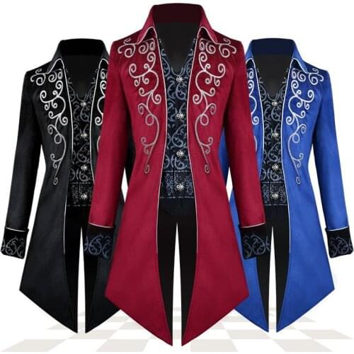 Men Vintage Prince Medieval Tuxedo Renaissance Embroidery Jacket Victoria Steampunk Trench Coat Halloween Party Cosplay Costume