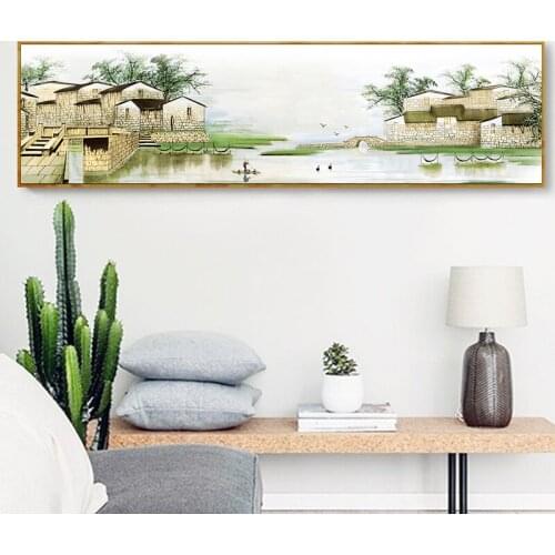 New Chinese Countryside Lake Sotry Hut Abstract Ink Painting Wall Art Print Picture Canvas Painting Poster for Living Room Decor