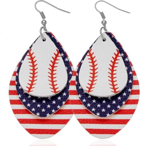 New Flag Printed Multi-Layer Baseball Teardrop Leaf Leather Earrings Glitter Layered Sports Spirit Earrings Jewelry Gifts Stock