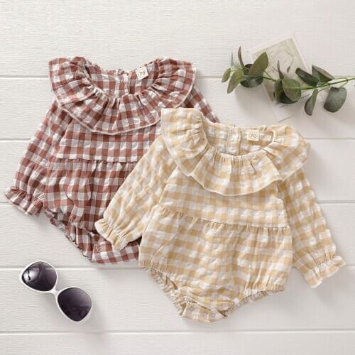 Toddler Baby Girls Peter Pan Collar Bodysuit Long Sleeve Ruffle One Piece Suit Plaid Printing Jumpsuits