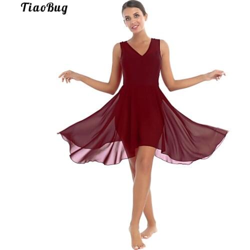 Summer Fashion Women V Neck Sleeveless Dance Dress Gymnastic Training Clothes Dancing Performance Asymmetrical Hem Dresses