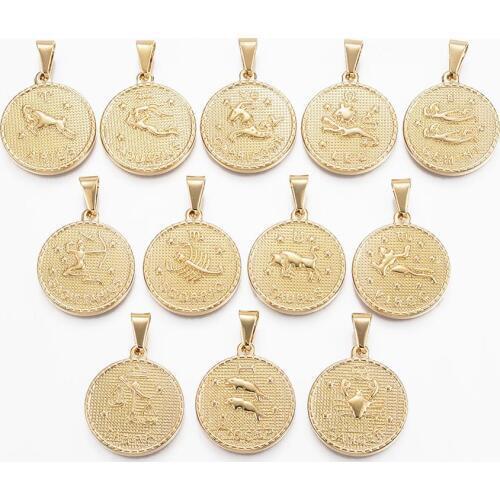 100% Stainless Steel Zodiac Charm For Jewelry Making Gold Color Metal Twelve Constellations Charm Wholesale 12pcs/lot