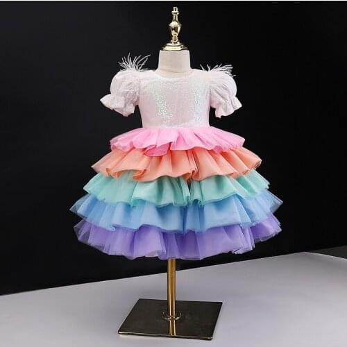 2021 Girls Colorful Tutu Dress 18Months - 5Years Princess Sequin Stitching Cake Dress Performance Dress Puffy-Sleeves Ball Gown