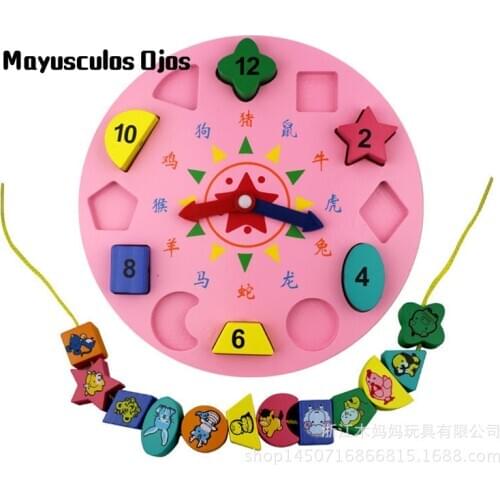 Childrens Wooden Early Education Educational Toy Baby Zodiac Number Alphabet Clock Building Block Toy