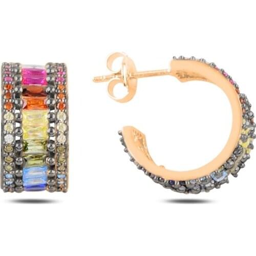 Silver 925 Sterling Colored Baguette Zircon Cubic Zirconia Tamtur Earrings