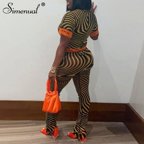 Simenual Letter Print Patchwork Wave Print 2 Piece Outfits Sexy See Through Mesh Short Sleeve Top And Pants Co-ord Sets Baddie