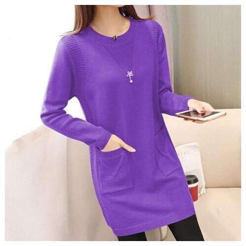 Autumn and winter womens sweater casual solid color o-neck long sleeve knitted sweater fashion loose pocket medium length wool