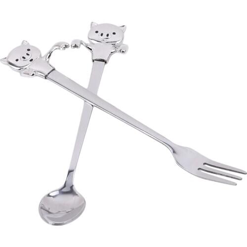 4Pcs Cartoon Animal Forks And Spoons Stainless Steel Fruit Fork Dessert Dinner Spoon Set Tableware Kitchen Tools 4PCS/SET