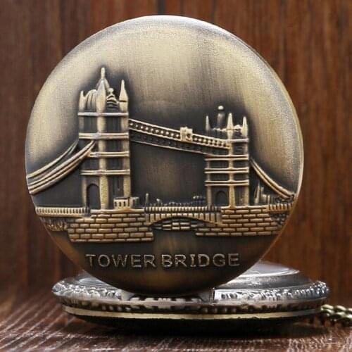 Vintage Bronze Fashion London Memento Tower Bridge Pattern Quartz Pocket Watch Women Men Necklace Pendant Gift reloj de bolsillo