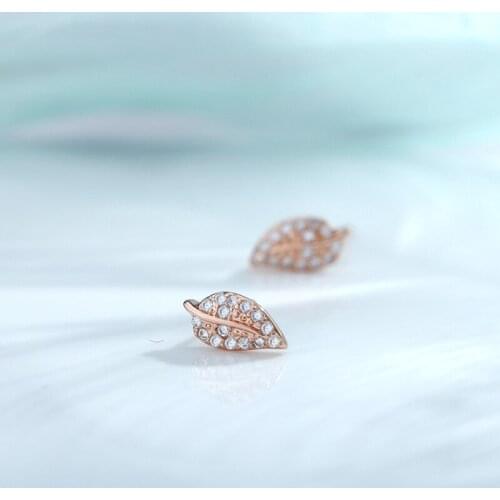 Fashion Rose Gold Color Leaf Shape Crystal Stud Earrings for Women Simple Fine Earrings Cocktail Party Jewelry Gifts