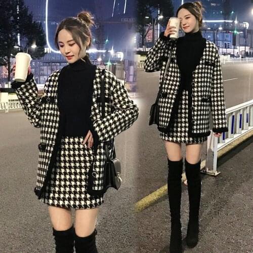 Woolen Suit Womens 2020 Autumn and Winter New Korean Fashion Small Fragrant Houndstooth Woolen Coat and Hip Skirt Suit