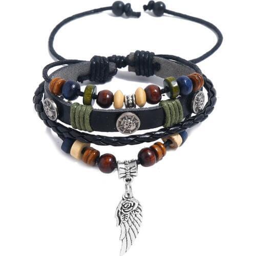 Punk Fashion Rock Women Skull Wing Bracelet Black Leather Alloy Retro Beads Charms Wristbands Wrap Bangle Vintage Hiphop Jewelry
