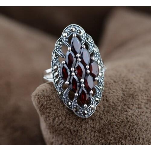 S925 Sterling Silver Jewelry Silver Lace Inlay Red Zircon Fine Women Ring