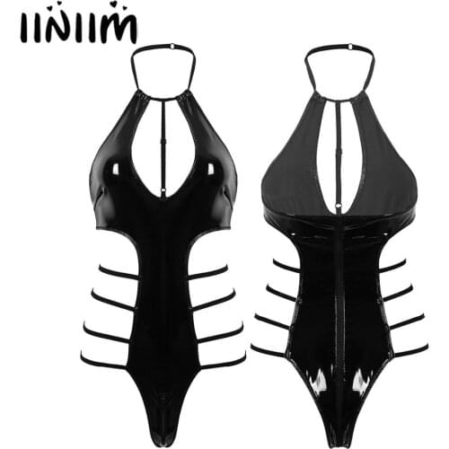 Womens Wet Look Bodycon Clubwear Patent Leather Latex Lingerie Catsuit Low Back Side Cut Out Leotard Bodysuit Nightwear Costumes