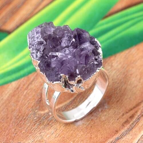 100-Unique 1 Pcs Silver Plated Irregular Shape Natural Purple Amethysts Cluster Crystal Finger Ring Charm Jewelry