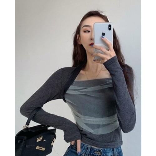 2020 spring Long Sleeve T-shirt Women Mesh Stitching T Shirt Spring Solid Color Tops Female Clothing