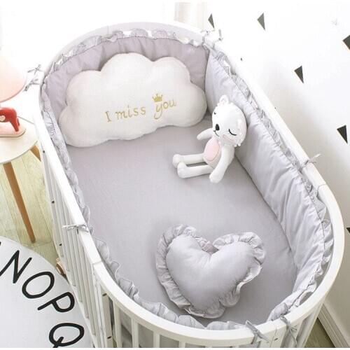5pcs grey Cotton Breathable Newborn Bed Baby Bumper Baby Bedding set Crib Bed Linen Kit Cartoon , 4bumper+sheet