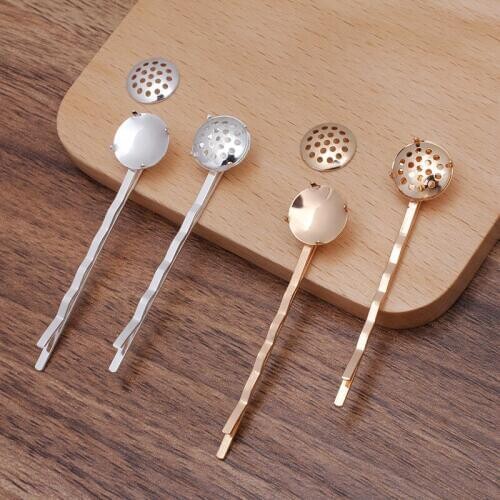 60pcs Hair Clip Hairpins 12mm Cirlce Prongs Bezel Cabochon Base Blanks Girls Bobby Pins Grips Hairstyle DIY Hair Jewelry Making