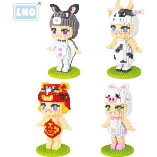 748pcs+ Molly Cosplay Animal Micro Building Blocks Chinese Zodiac Pig Mouse Tiger Figures Diamond Brick Doll Toy For Kid Gift