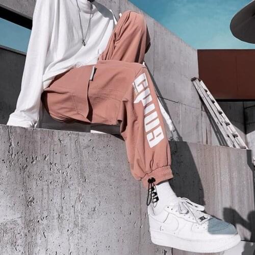 Techwear Cargo Pants for men women 2021SS Korean loose straight ankle-length beam pants cool pink hip-hop casual sports trousers