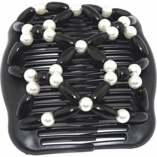 Black and pearl hot sale elastic beaded double twin headwear magic hair comb clips for woman fashion jewlery