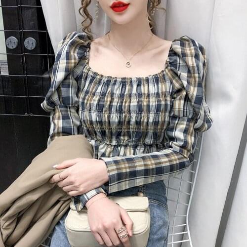 Gervin shirt high waist short square neck elastic band puff sleeve top female design sense 2020 autumn new