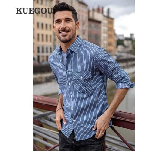 KUEGOU 2021 Autumn 100% Cotton Blue Stripe Casual Shirt Men For Male Fashion Pocket Button Slim Fit Long Sleeve Clothing 20522